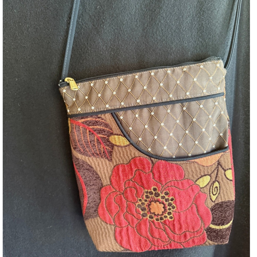 Danny K Boho Artsy Earthy Brown Red Floral Tapestry Crossbody Bag Made USA Adj